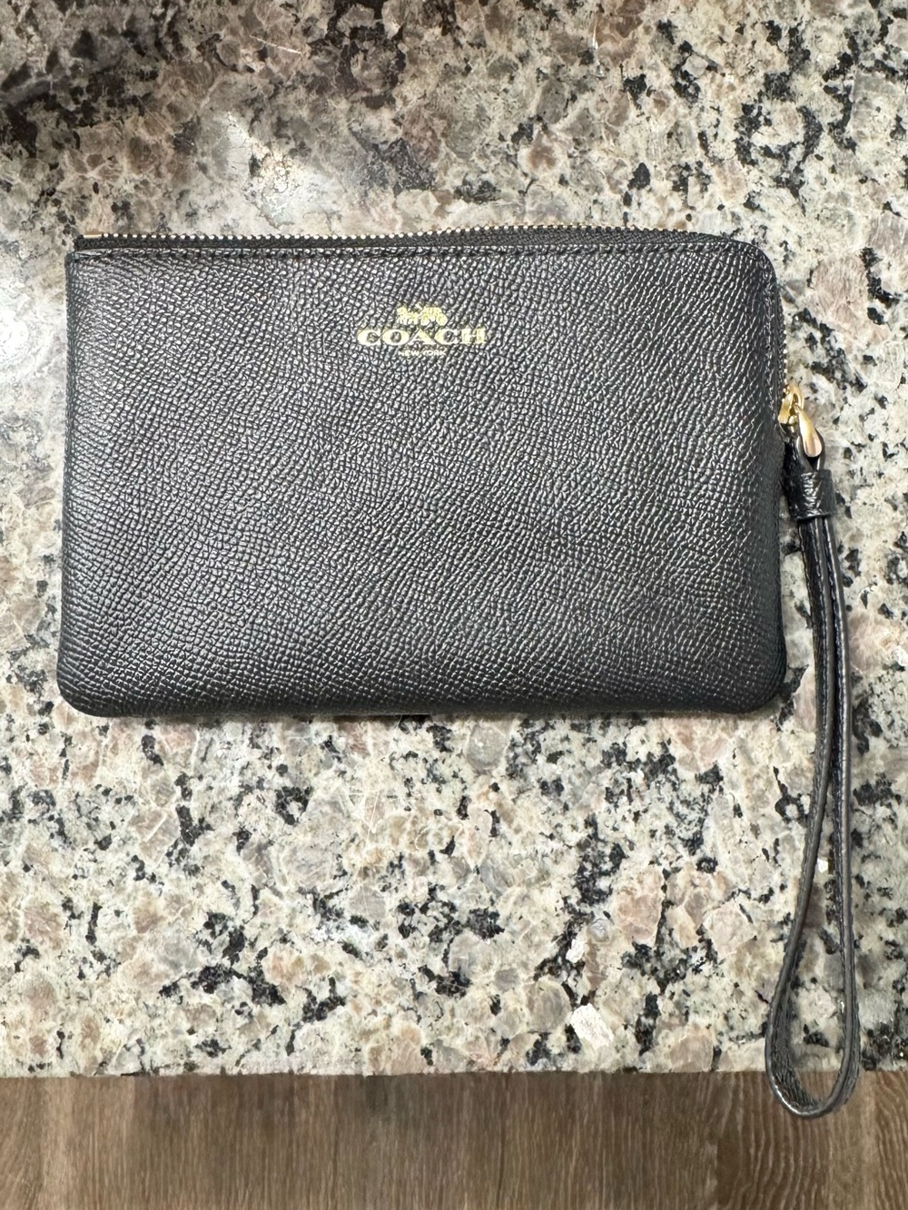 Coach Black Textured Leather Zip Wristlet with Gold Logo